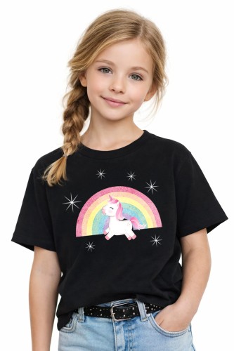 Unicorn on Rainbow Kids T-Shirt Black._L.jpg