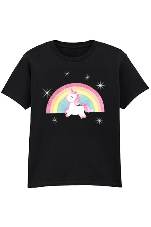 Unicorn on Rainbow Kids T-Shirt Black.jpg