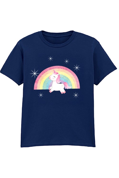 Unicorn on Rainbow Kids T-Shirt Navy.jpg