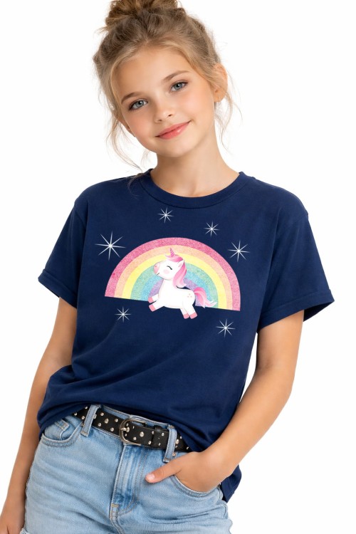 Unicorn on Rainbow Kids T-Shirt Navy_L.jpg