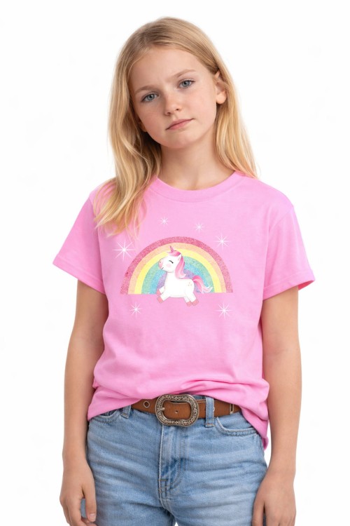 Unicorn on Rainbow Kids T-Shirt Pink_L.jpg
