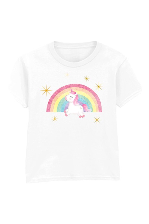 Unicorn on Rainbow Kids T-Shirt White.jpg